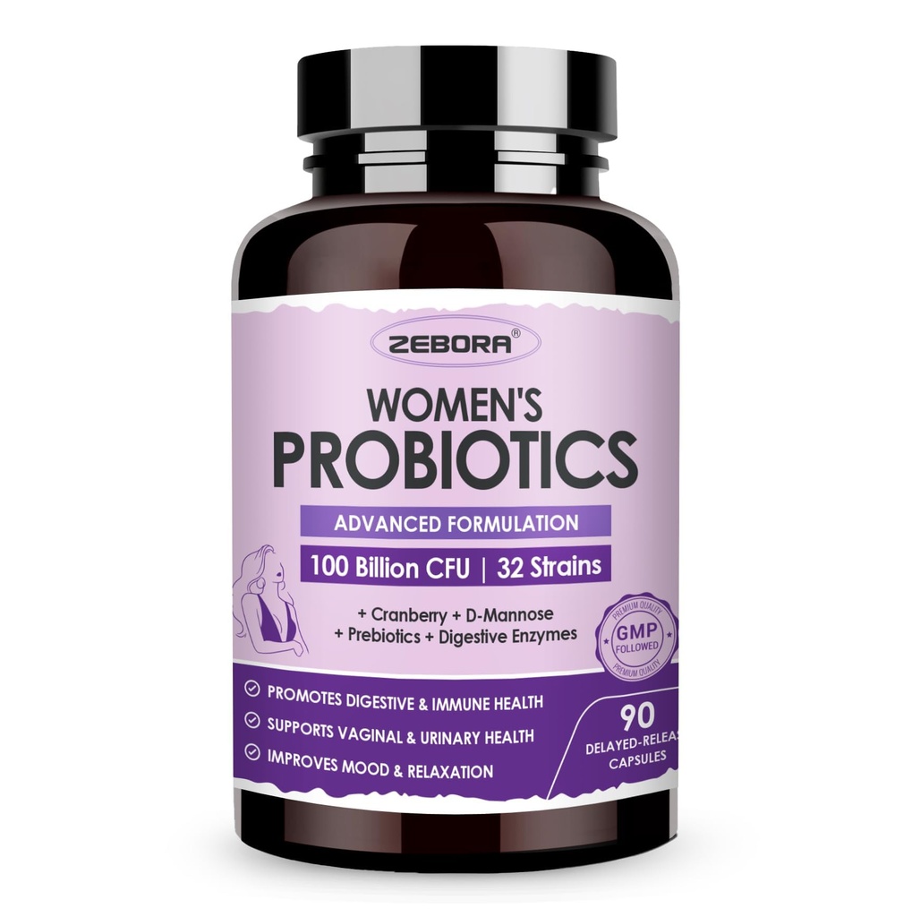 ZEBORA Probiotiques pour les femmes de santé digestive avec enzymes et prébiotiques 100 milliards d'UFC Probiotiques vaginaux avec D Mannose et canneberge
