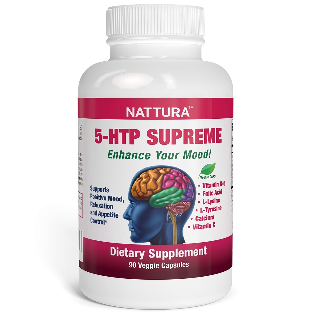 Nattura 5-HTP Supreme - pour l'humeur positive, la relaxation et le contrôle de l'appétit - avec 5-HTP, L-Tyrosine, L-Lysine, Vitamine B6, Folate (acide folique), Vitamine C (acide ascorbique), Calcium - 90 capsules