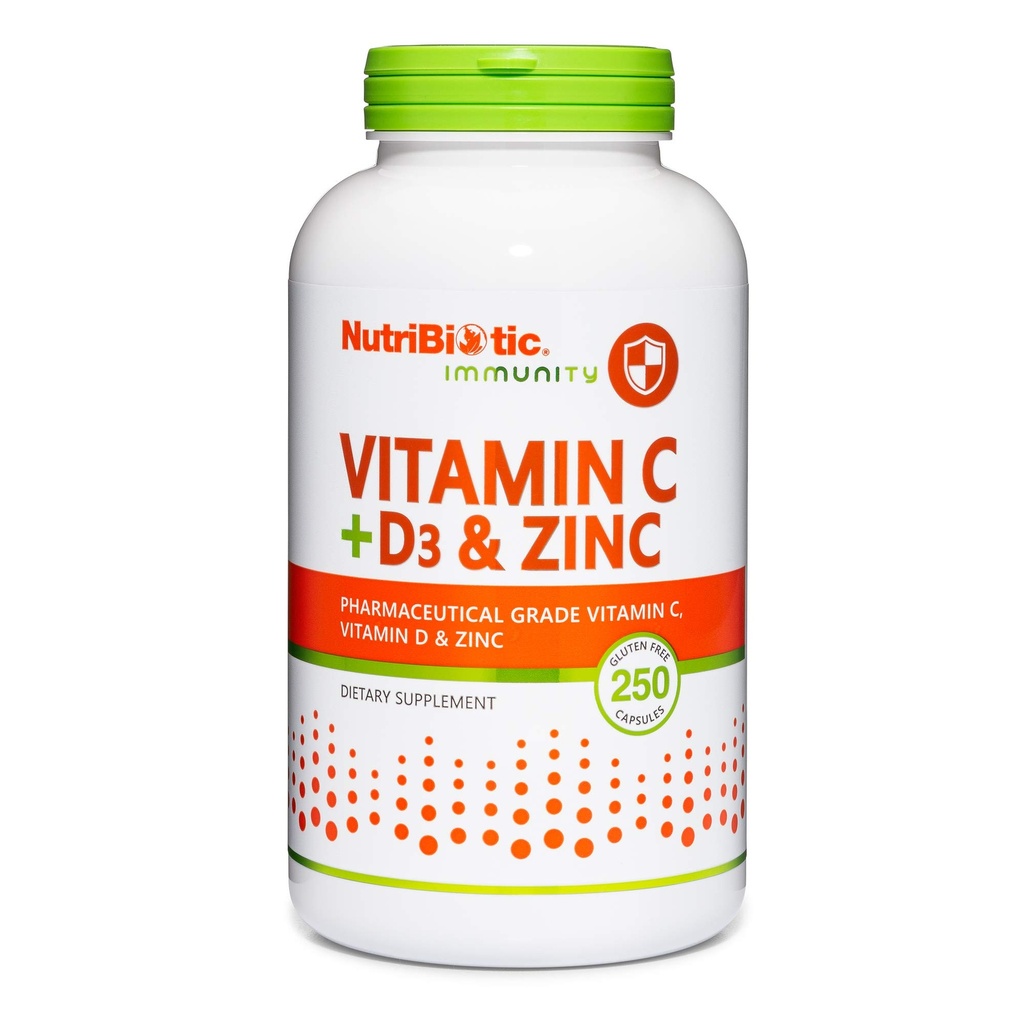 NutriBiotic – Vitamin C + Vitamin D3 & Zink, 250 Kapseln | Potent, umfassende Immununterstützung | Essential & Antioxidant Daily Supplement | Gluten & GVO-frei