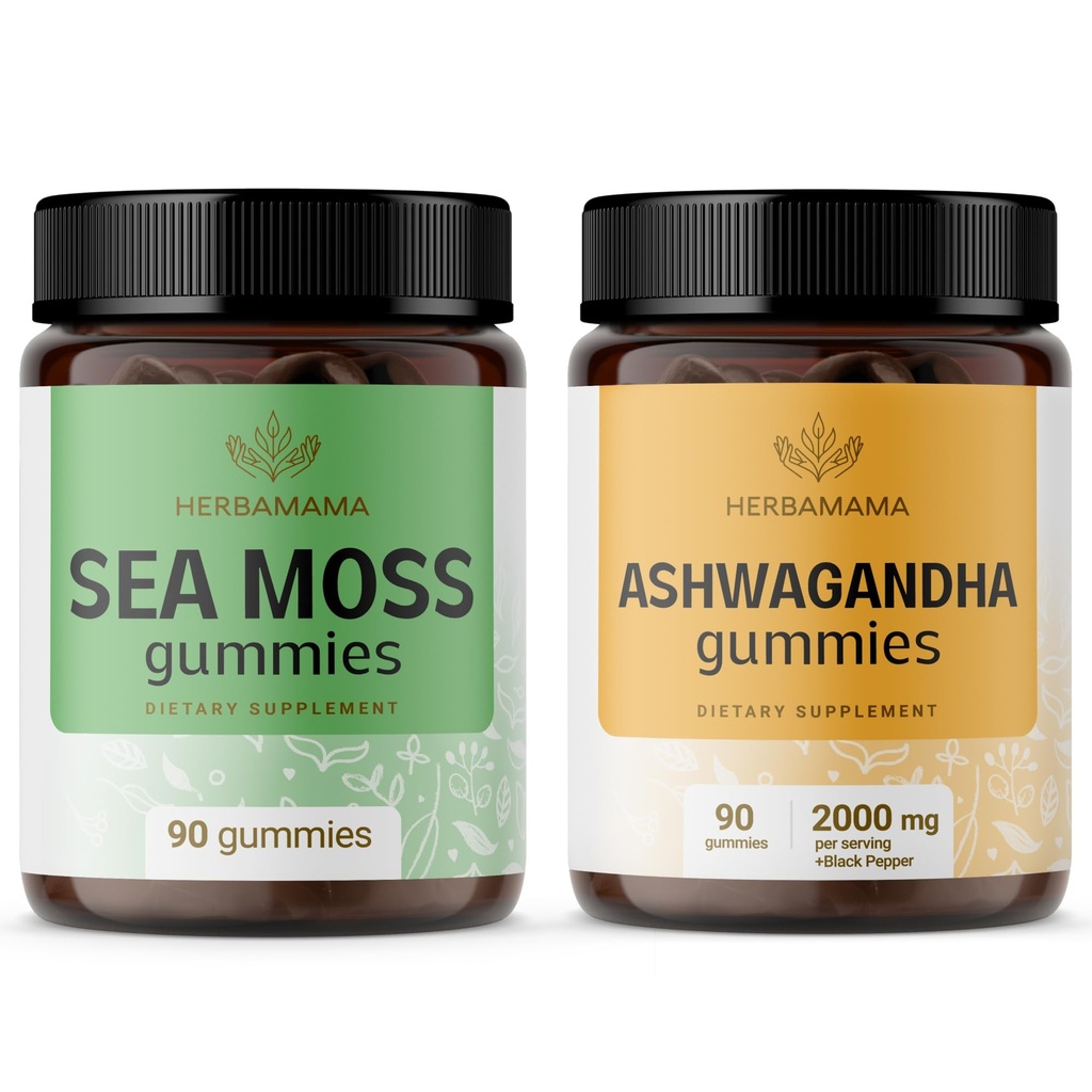 HERBAMA Sea Moss und Ashwagandha Kit - Bundle von 1600 mg Sea Moss mit Bladderwrack & Ashwagandha Root Gummies - Vegan, Non-GMO, Gelatin-Free - 2 Pack