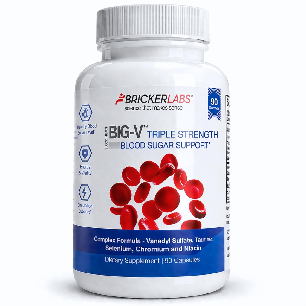 Bricker Labs Supplément de Vanadyl triple résistance Big-V: Sulfate de Vanadyl 30 mg, Taurine 600 mg, Sélénium, Chrome et Niacine, Capsules de supplément minéral mélangé 90 ct