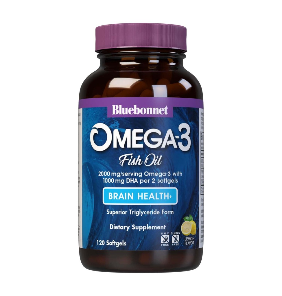 BlueBonnet Nutrition Omega-3 Cerveau Formule naturelle de triglycéride capturé sauvage Forme DHA 1000 mg EPA 210 mg, supplément de soutien à la santé cognitive et au mieux-être hautement concentré, softgel sans gluten, jaune/claire, citron, 120 Compte