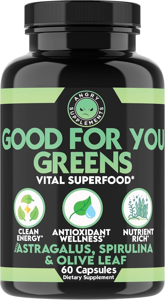 Angry Ergänzungen Gut für Sie Grüne, Vital Green Super Food Blend für Immununterstützung Booster Formel, mit Spirulina, Astragalus Root und Olive Leaf Root Extract (1-Bottle)