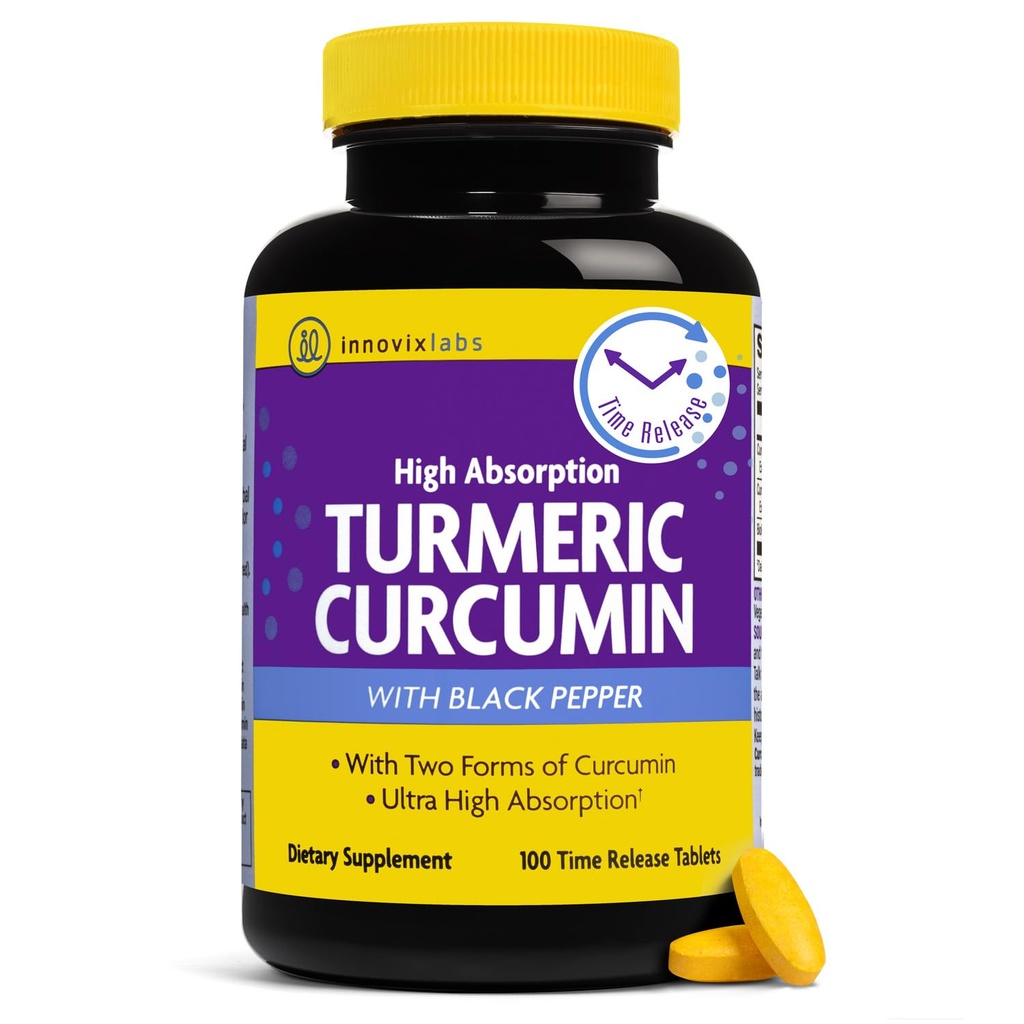 InnovixLabs Kurkuma Curcumin mit schwarzem Pfeffer Extrakt - Hohe Absorption Kurkuma und Curcumin Ergänzungen mit BioPerine, C3 Reduct & Curcumin C3 Complex - 100 Time Release Tabletten