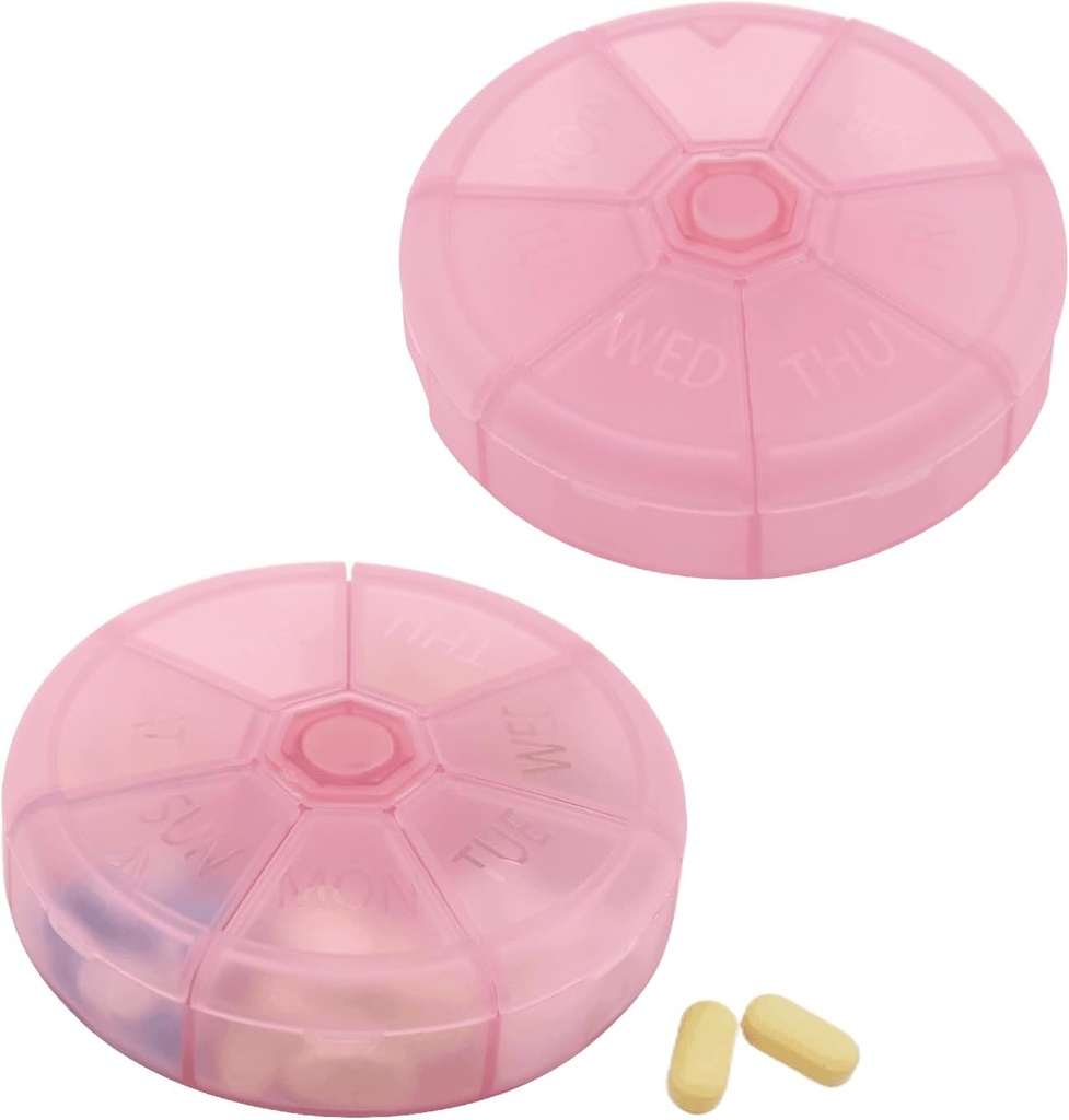 Portable Weekly Pill Organizer 7 Tage Pillen Container, Runde Pille Fall Reisen Freundlich, Tägliche Woche Pill Reminder Fall, BPA-freies Vitamin, Ergänzung, Fischöl, Heilmittel Planner (Pink)