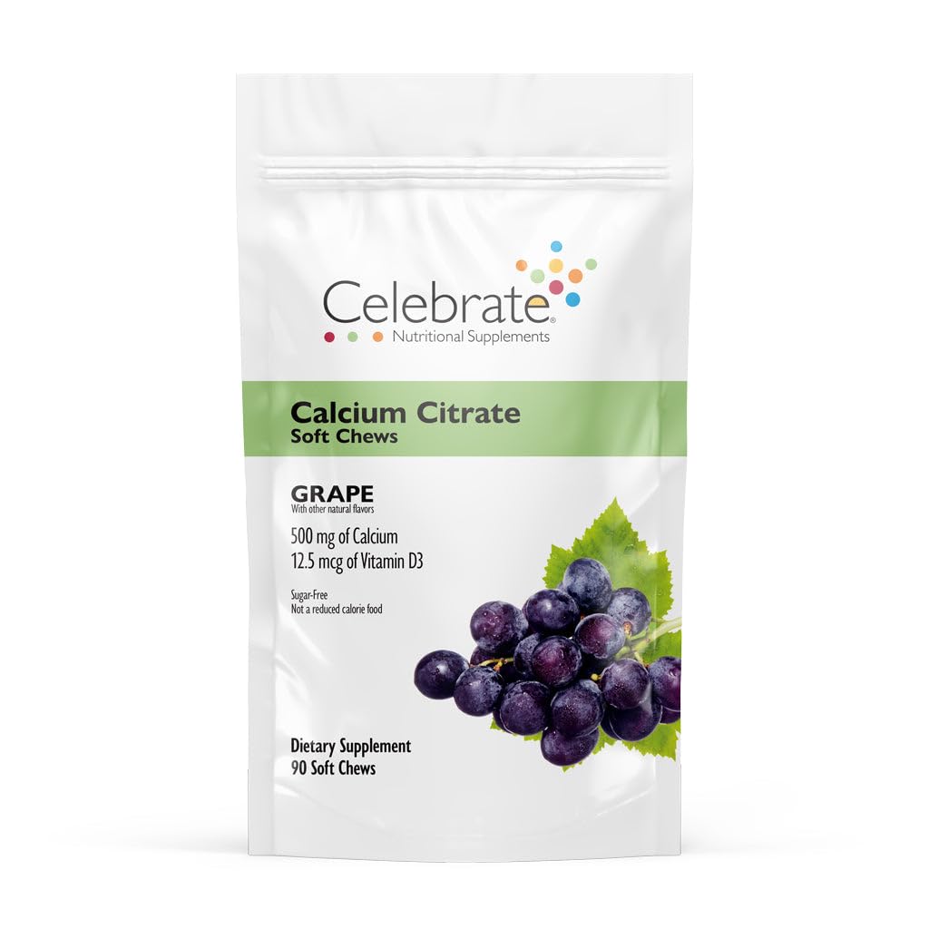 Celebrate Vitamine Bariatric 500mg Calcium Citrate Weichkäse mit 500 IU Vitamin D3 – essentiell für Magen-Bypass-Patienten & Knochen-Gesundheit - Zucker & Glutenfrei, Trauben (90 Kauen)