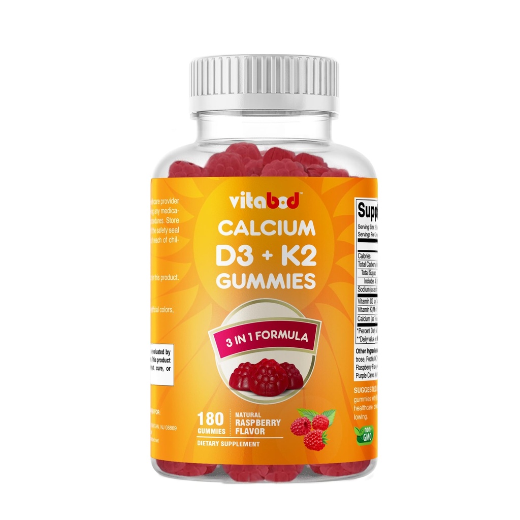Vitamin D3 + K2 Gummi – Knochen & Herz-Gesundheitsunterstützung – 180 Pektin-basierte Vegan-Gummien
