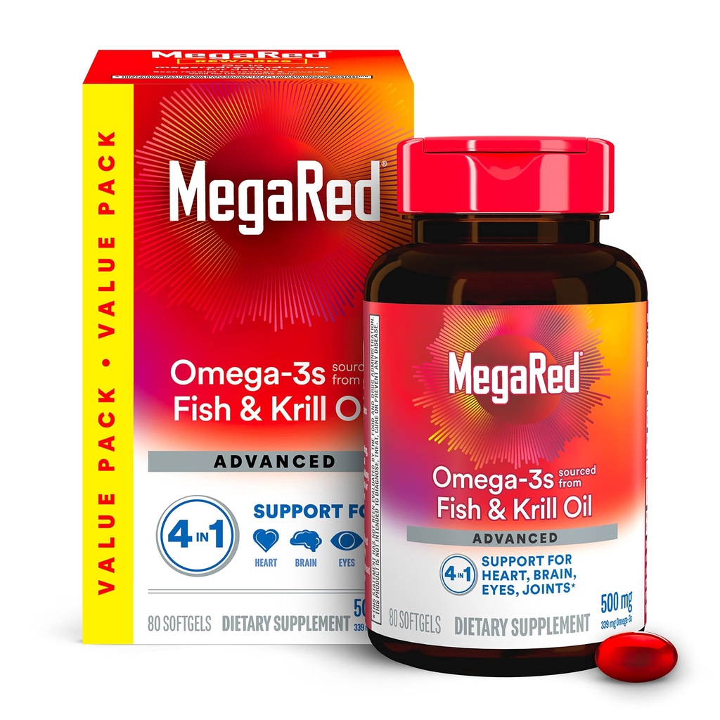 Megared Omega-3 Huile de poisson + Haute Absorption Huile de krill 500mg Softgels, MegaRed Advanced 4in1 (80 nombre dans une bouteille) Concentré Omega-3 Supplément d'huile de poisson et de krill