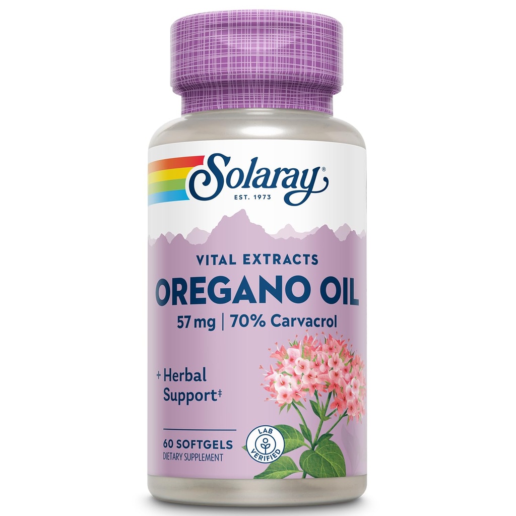 SOLARAY Oregano Oil 57 mg - Huile d'Oregano Softgels - Suppléments à base de plantes pour le soutien général de la santé et du bien-être w/ 70% Carvacrol - Extra Virgin Olive Oil Base, garantie de 60 jours, 60 portions, 60 Softgels