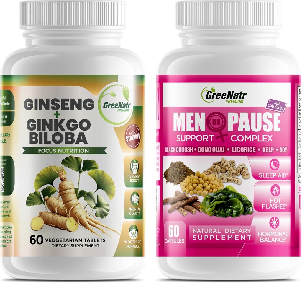 Optimale Wellness-Lösungen: Herbal Menopause Support und Ginseng + Ginkgo Biloba Energy & Brain Focus Booster für Männer & Frauen