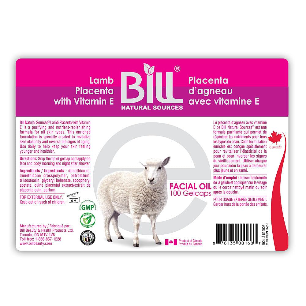 Bill Natural Sources Lamb Placenta mit Vitamin E, 100 Gelcaps - verjüngt matte Hautzellen und revitalisiert Hautzellen Elastizität