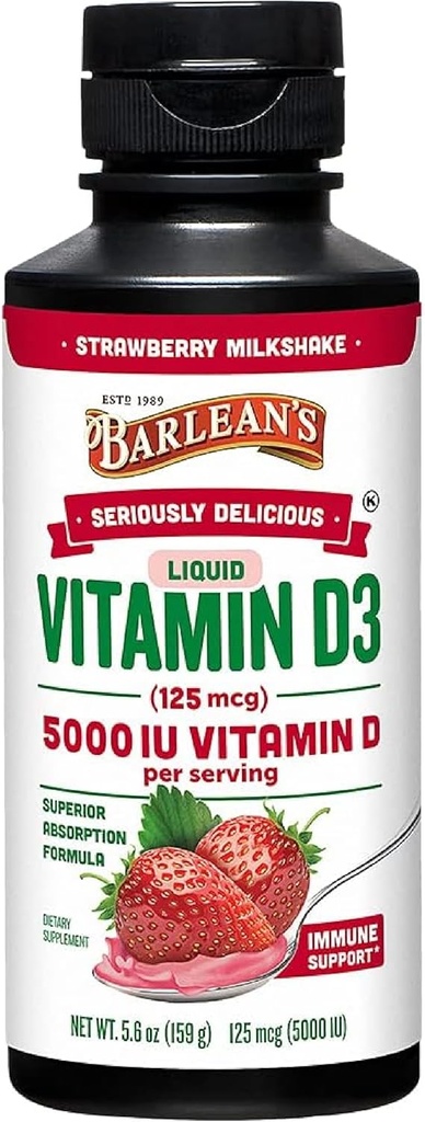Barleans flüssiges Vitamin D, 5000 IU D3, Erdbeermilchshake für Kinder und Erwachsene, maximale Absorption, Non-GMO, Glutenfrei - 5,6 oz