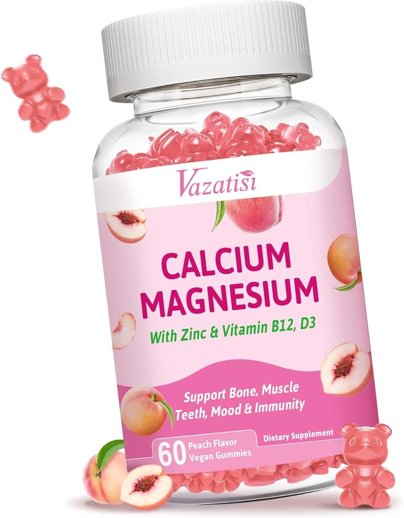 Calcium Magnesium Zink-Gummien mit Vitamin D3 B12, Calcium-Ergänzungen für Frauen Männer, Pfirsich Flavor 60 Cts