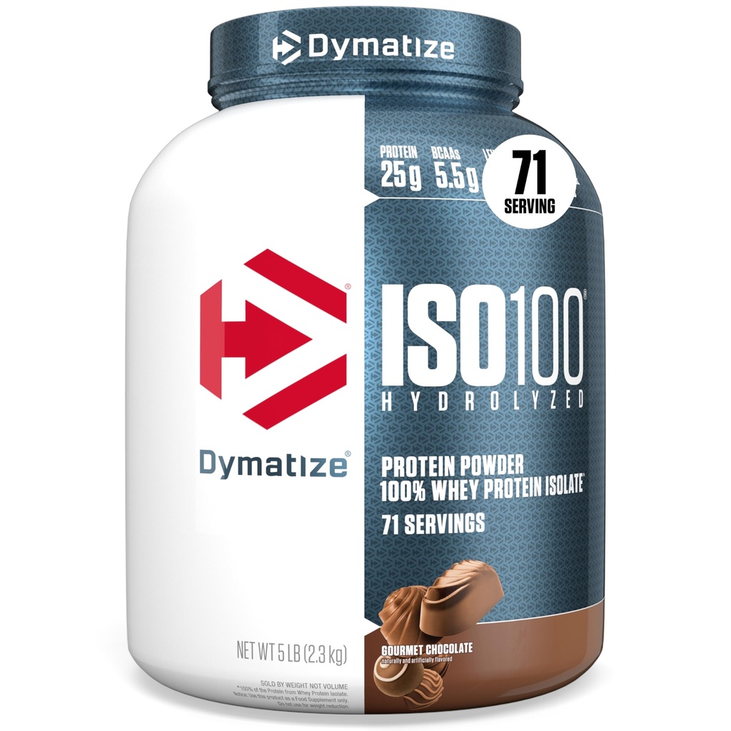 Dymatize ISO100 Whey Protein Pulver Isolieren, Gourmet Schokolade, 25g Protein, 5 Pfund, 5.5g BCAAs, Weniger als 120 Cal., Glutenfrei, 1g Fett, 1g Zucker, 2g Carb (71 Servierungen)