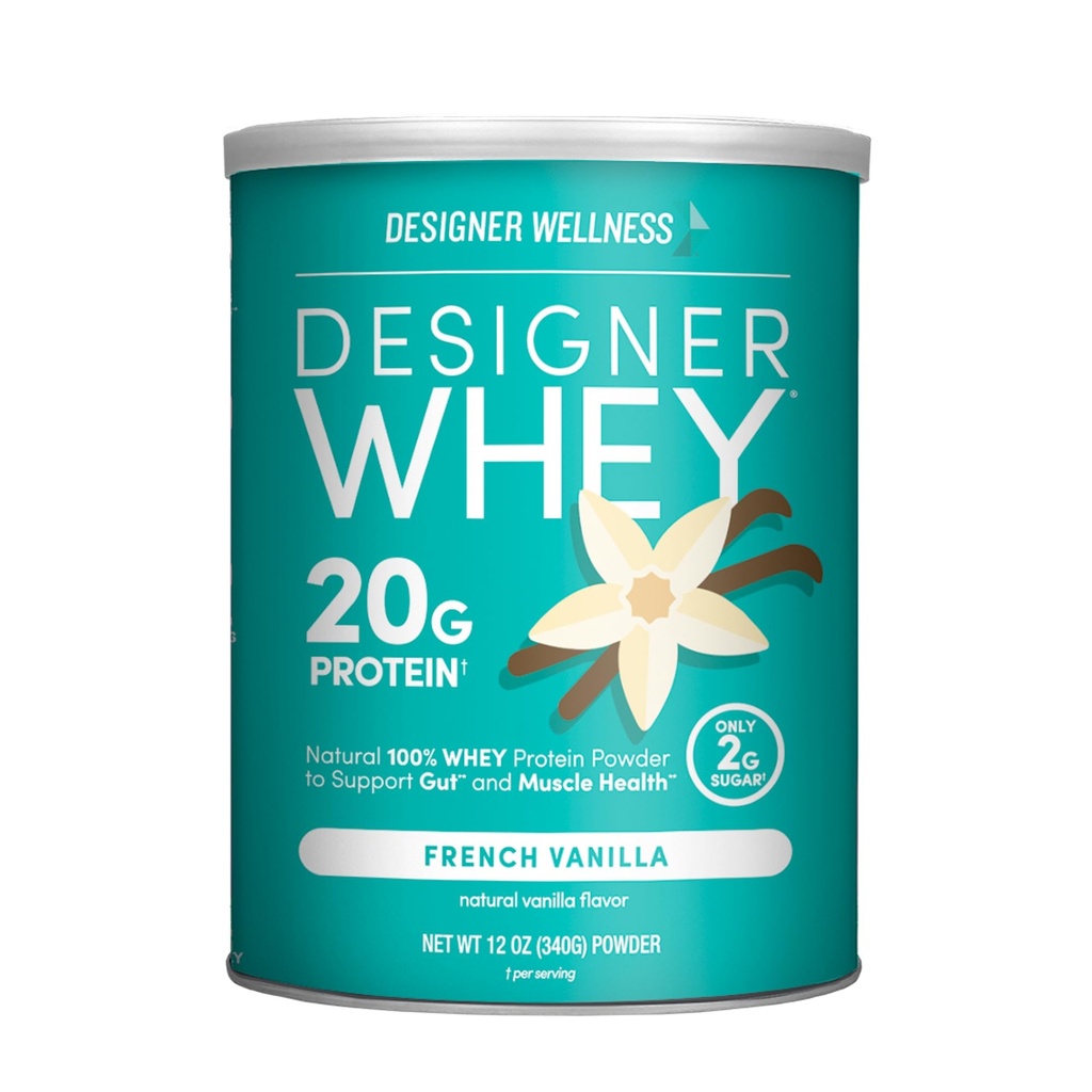 Designer Wellness Designer Whey Natural 100% Whey Protein Pulver mit Probiotika, Fiber und Key B-Vitamine für Energie, Glutenfrei, Non-GMO, Französisch Vanille 12 Unzen