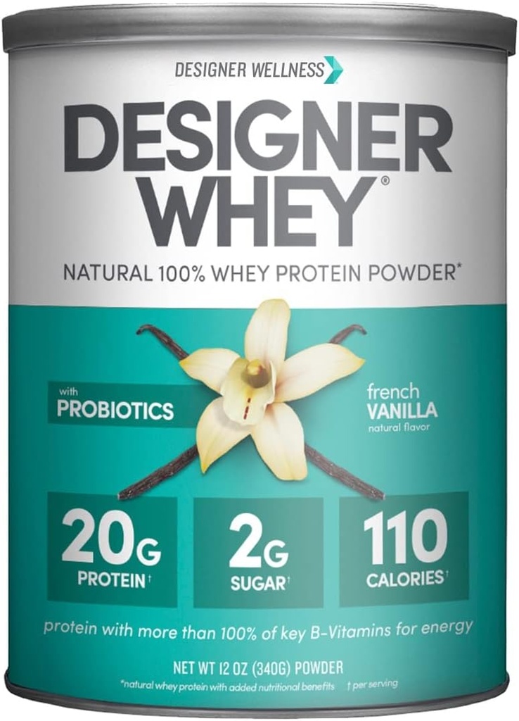 Designer Wellness Designer Whey Natural 100% Whey Protein Pulver mit Probiotika, Fiber und Key B-Vitamine für Energie, Glutenfrei, Non-GMO, Französisch Vanille 12 Unzen