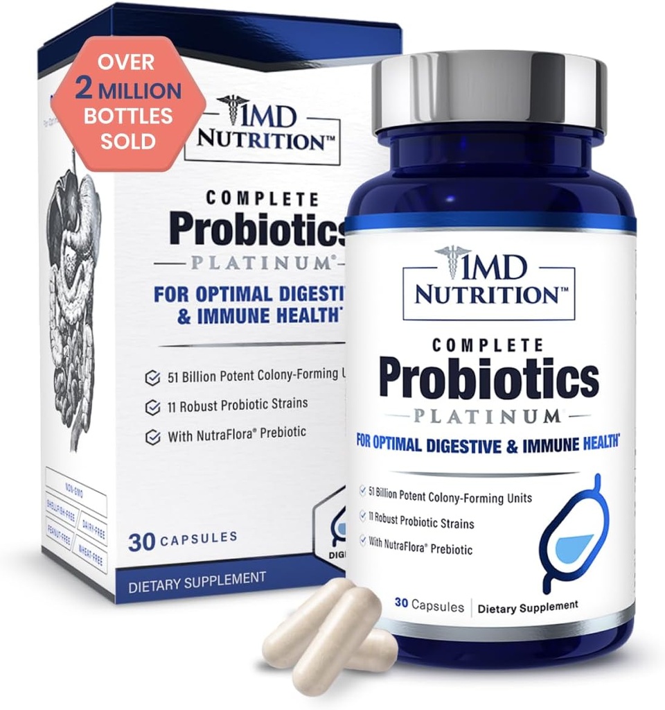 1MD Nutrition Complete Probiotics Platinum - w/Prebiotics and Probiotics for Digestive Health - Probiotic Supplement for Women & Men - Mehr als 50 Billion Live CFU 11 Strains Dairy-Free - 30 Caps