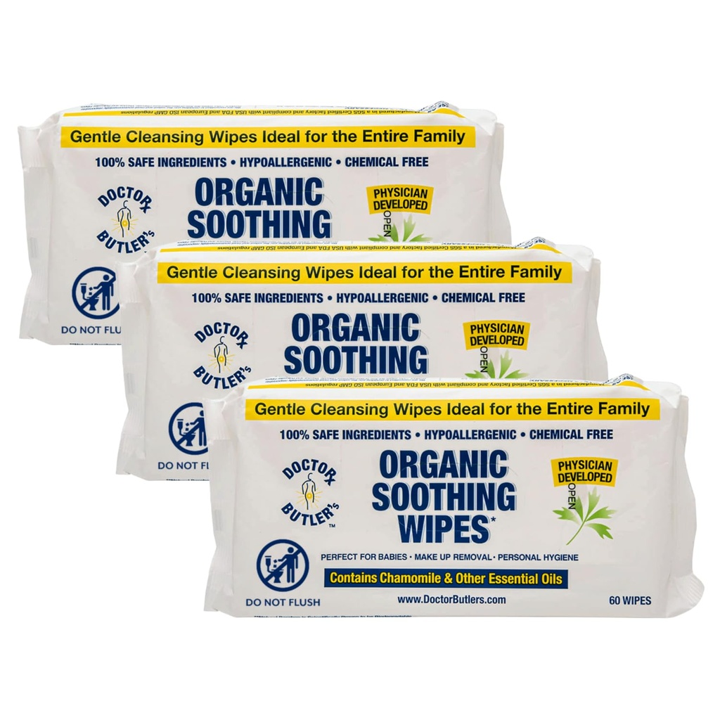 Dr. Butlers wohltuende Wipes – All-Purpose Wet Wipes für empfindliche Haut, Face Wipes und Baby Wipes mit Kamille und ätherischen Ölen* (3 Pack – 60 Count)