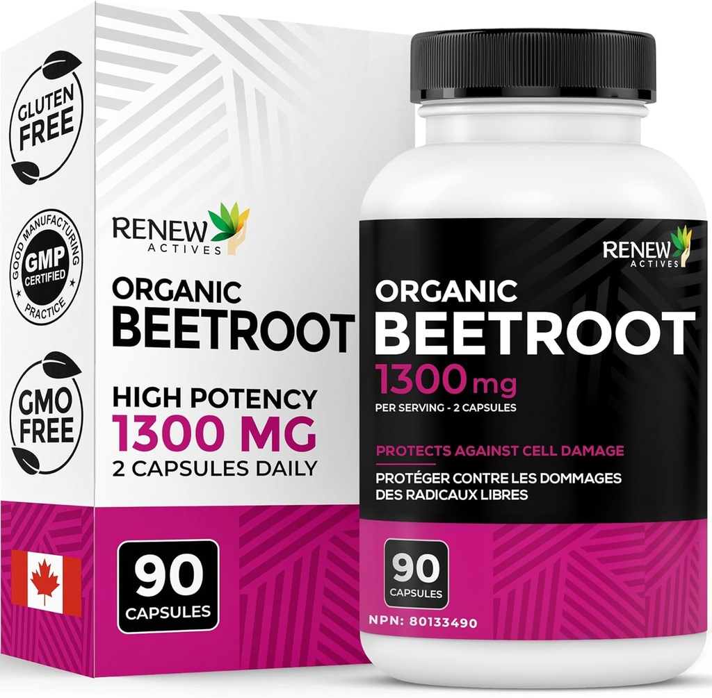 Renew Actives Organic Beetroot Supplement 1300MG pro 2 Kapseln - Pure Beetroot Powder for Circulation, Natural Energy, & Antioxidante Vorteile - High-Potency Superfood, Made in Canada - 90 Kapseln