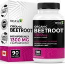 Renew Actives Organic Beetroot Supplement 1300MG pro 2 Kapseln - Pure Beetroot Powder for Circulation, Natural Energy, & Antioxidante Vorteile - High-Potency Superfood, Made in Canada - 90 Kapseln