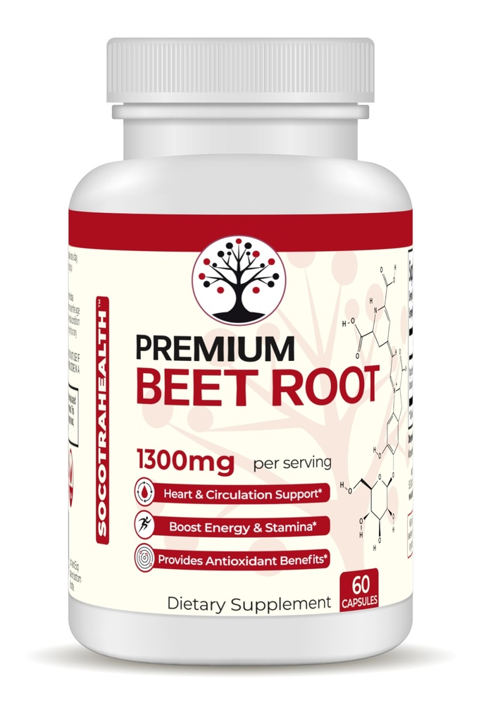Beet Root Capsules - Premium Organic Beetroot Powder - Nitric Oxide Supplement - Herzgesundheit, Zirkulation und Stamina Unterstützung - Non-GMO - 60 Vegan Capsules