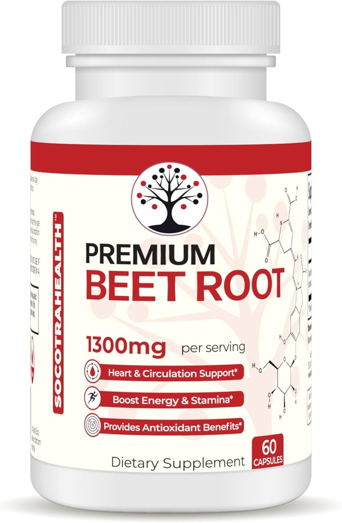 Beet Root Capsules - Premium Organic Beetroot Powder - Nitric Oxide Supplement - Herzgesundheit, Zirkulation und Stamina Unterstützung - Non-GMO - 60 Vegan Capsules