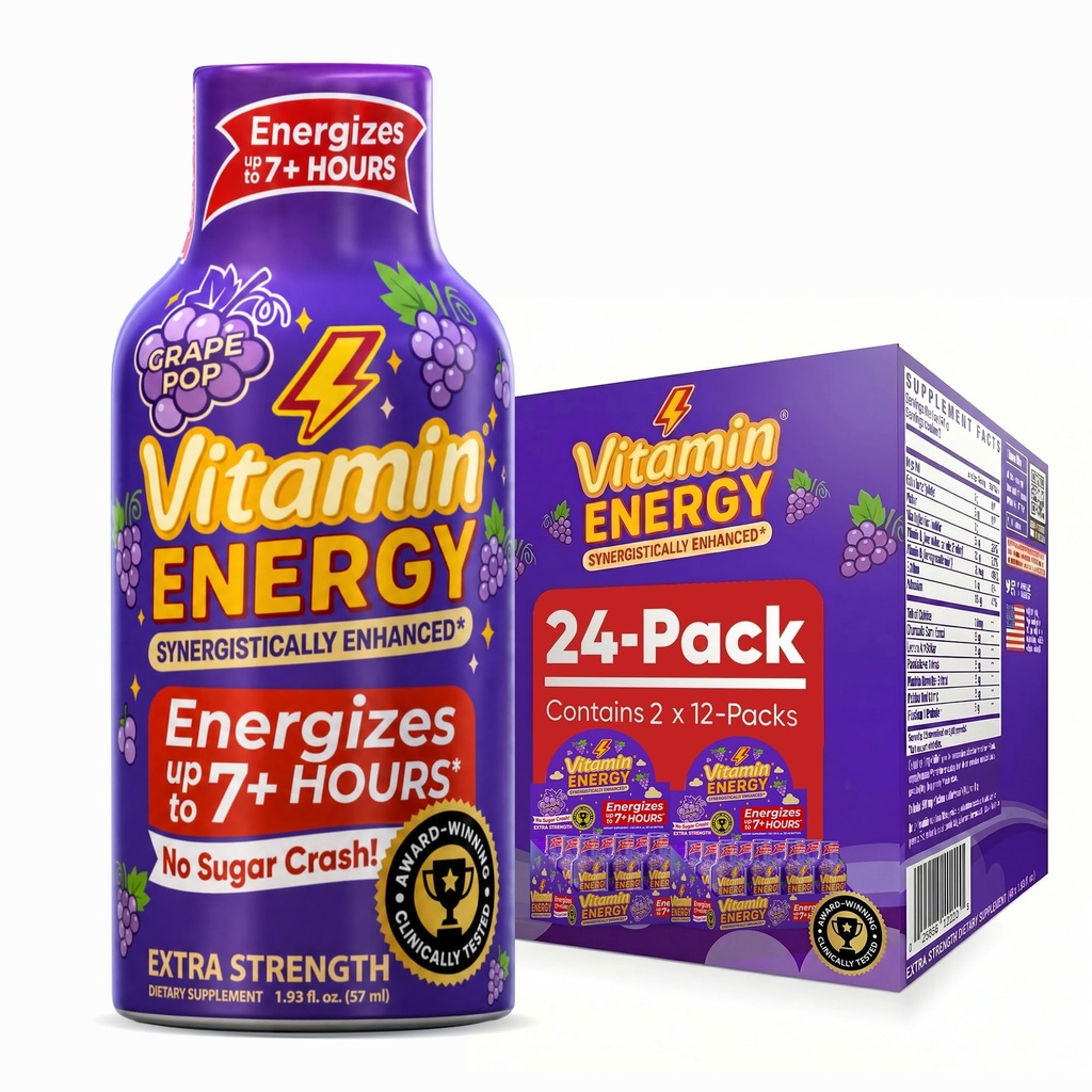 Vitamin Energy Focus+ Extra Strength Energy Shot Grape 24 Pack, 260mg Natürliche Koffein, B-Vitamine, CoQ10, Aminosäuren, Fokus, Produktivität & Clarity, Zero Sugar, Glutenfrei, 1,93 fl oz