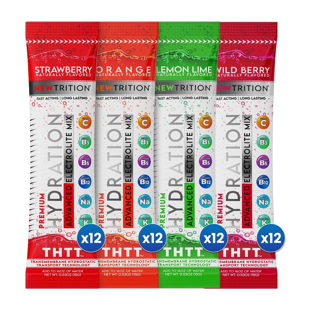 NewTrition® Hydration Pulver - Packung mit 48 Elektrolyt-Pulver-Packets, Natürlich aromatisierte Hydrating-Packets für Wasser, schnell wirkende Elektrolyte mit Vitaminen, Lime, Erdbeere, Orange, Wildbeere