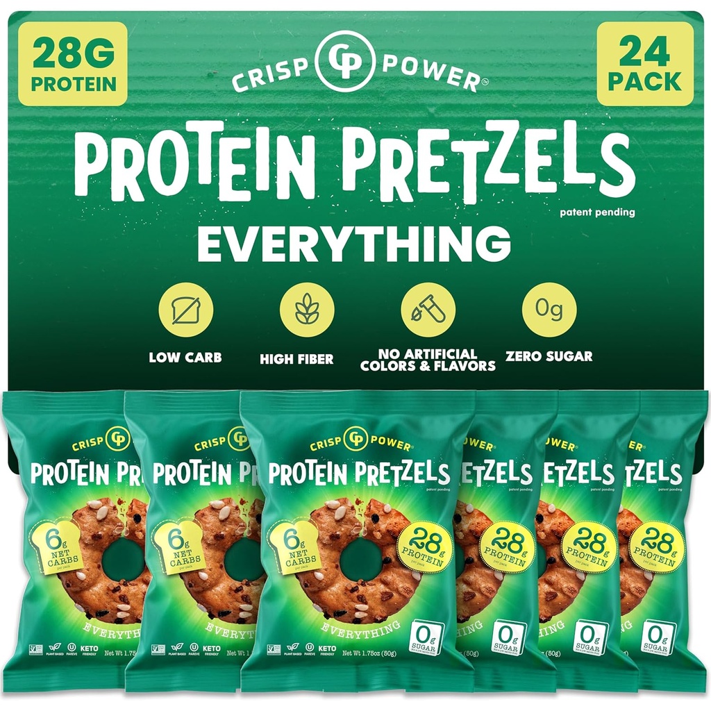 Crisp Power Protein Pretzels, Everything, High Protein Vegan Keto Snack, 28 G Pflanzen basiertes Protein, Low Carb Crunchy Pretzel Snacks, Sugar Free, No Seed Oils, 1,75 Unze Bags, 24 Pack