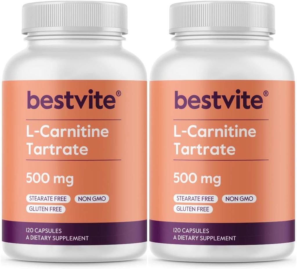 BESTVITE L-Carnitin Tartrat 500mg pro Kapsel (240 Kapseln)(120x2) - Keine Stearaten - Non GMO - Glutenfrei
