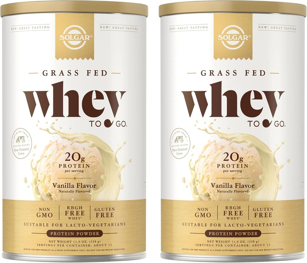 SOLGAR Gras Fed Whey to Go, Vanille - 11,9 Unze, Paket von 2 - Grass-Fed Whey Protein Powder - rBGH Free, Non-GMO, Gluten Free - 26 Gesamt Servierungen