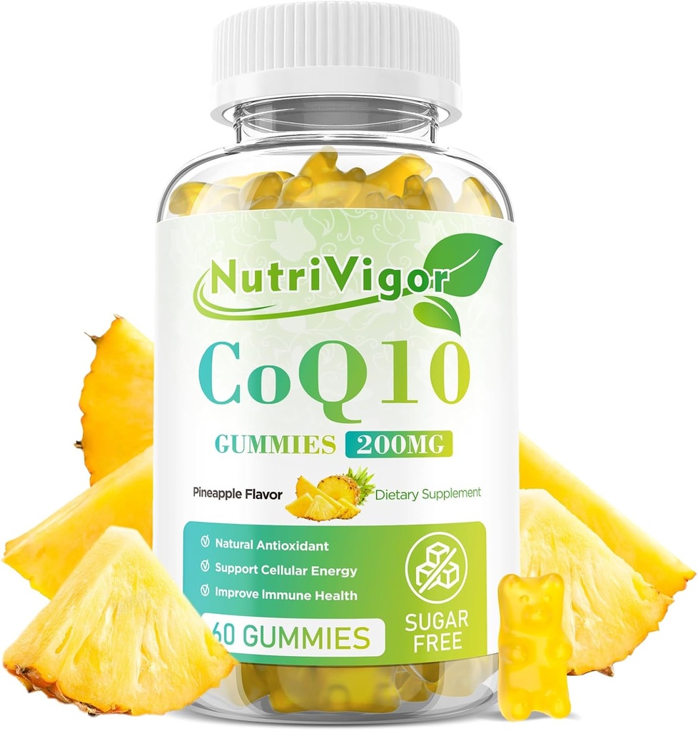 CoQ10-Gummien, Coenzym Q10-Ergänzung 200 mg, Hohe Absorption CoQ10-Ergänzung für Zelluläre Energie und Immungesundheit, Vegan, Glutenfrei, Ananasflamme, 60 Zähler