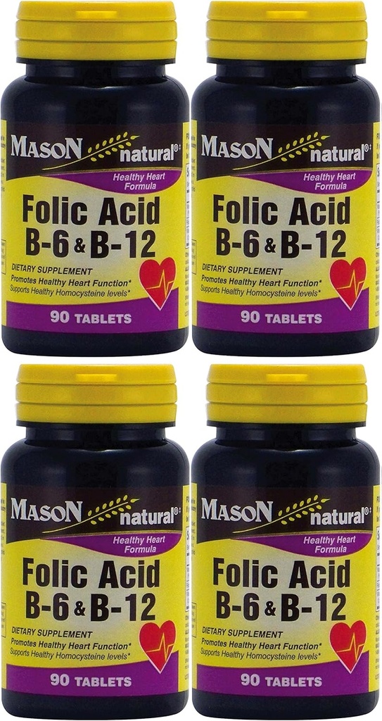 Mason Vitamins Folsäure B-6 & B12 Herzgesundheit Formel 90 Tabletten pro Flaschenpackung von 4 insgesamt 360 Tabletten