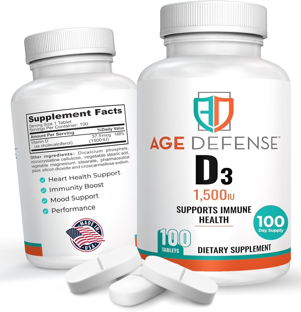 1500 UI Vitamine D3-100 Comprimés Vitamine D3 pour la santé cardiaque, le soutien immunitaire et la fonction musculaire - Suppléments Vitamine D à dose élevée pour les femmes et les hommes - 35,7 mcg Vitamine D3 Comprimés
