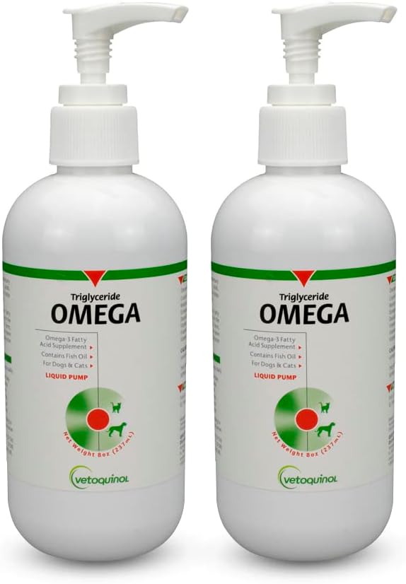 Vétoquinol Triglycéride liquide Omega 3 Supplément pour chiens et chats, supplément d'huile de poisson liquide avec/EPA et DHA, favorise la peau, le manteau, les articulations et la santé immunitaire, Omega 3 Huile de poisson pour chiens et chats, 8oz, 2 Pack