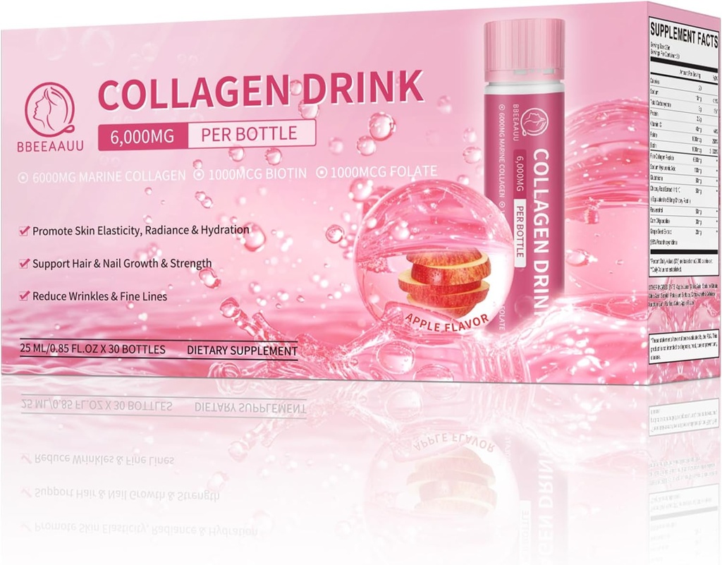 Collagen Drink 6000mg Marine Collagen Peptide, flüssige Kollagen Shots für Frauen mit Hyaluronsäure, Vitamin C, Collagen Supplements unterstützen Haut, Haar & Nail, 0.85 Fl.Oz x30 Flaschen, Apple Flavor