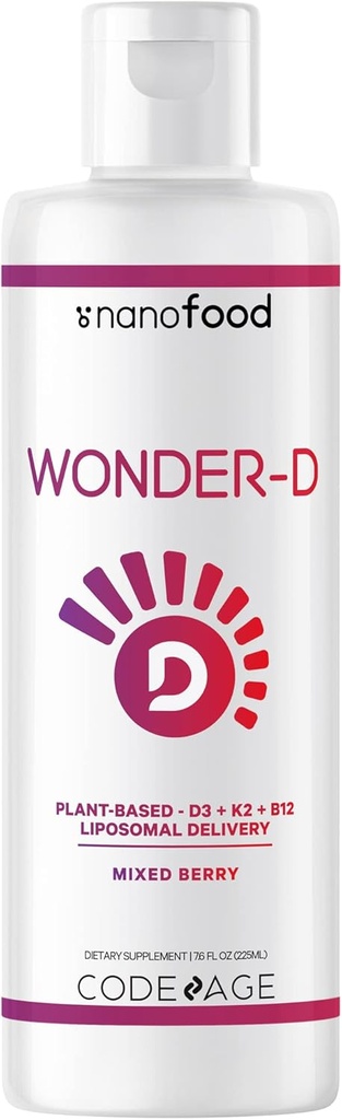Codeage Liposomal Wonder-D, Vegan Cholecalciferol Vitamin D3 1000 IU Flüssige Tropfen Supplement, Pflanzenbasierte Vitamine B12 & K2, Non-GMO Sonnenblume Phospholipide, Vitamin E, Mischbeeren Geschmack, 7,6 fl oz