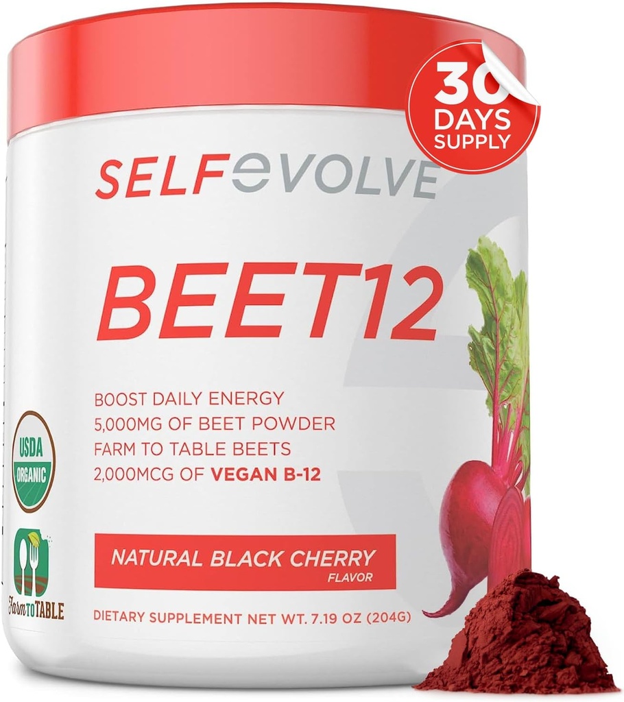 Selfevolve Beet12 - Organic Beet Root Powder Verbessert mit Vitamin B12, Nitric Oxid Booster, Rübensaft Pulver Unterstützung Natürliche Energie, Rübenpulver mit schwarzem Kirsch Flavor, 30 Portionen
