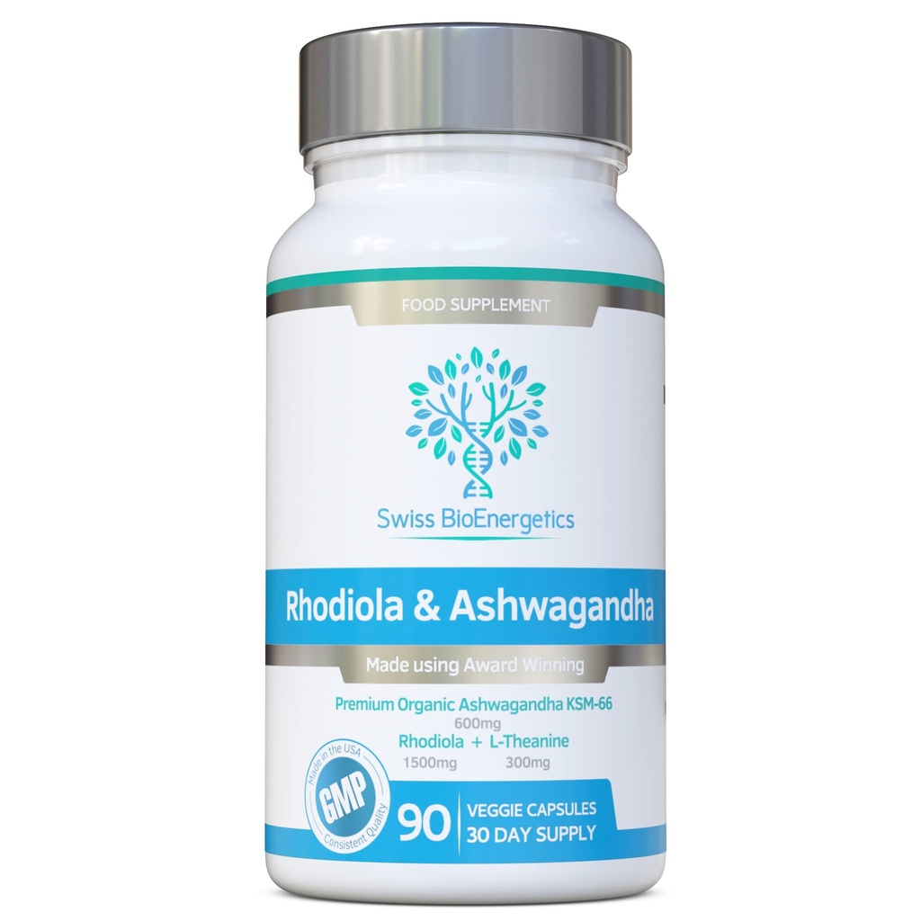Rhodiola & Ashwagandha mit L-Theanine - Preis gewinnen Ashwagandha KSM-66 600mg & 1500mg Rhodiola (3% Rosavins - 1% Salidrosides) ganze Wurzeläquivalent- adaptogen combo- Keine künstlichen Füllstoffe