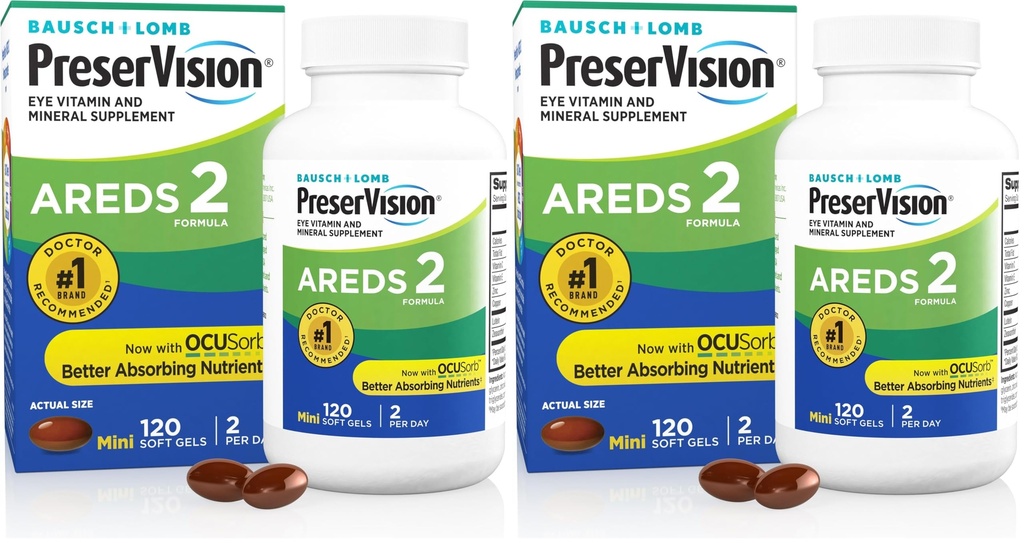 PreserVision AREDS 2 Vitamine des yeux et supplément minéral, contient de la lutéine, de la vitamine C, de la zéaxanthine, du zinc et de la vitamine E, 120 softgels (paquet de deux)