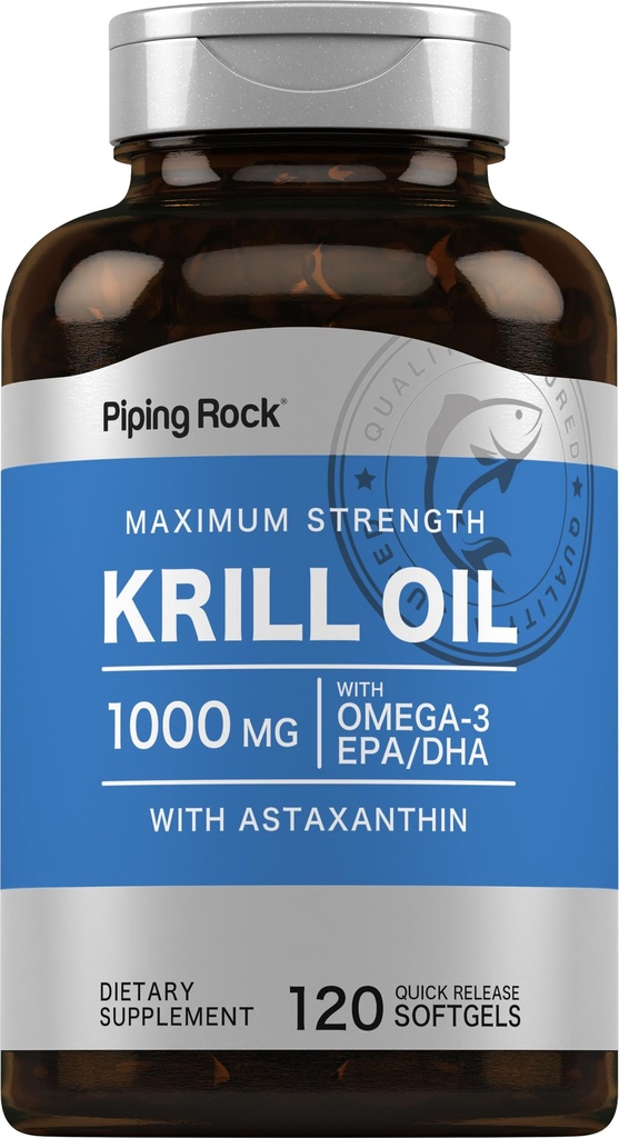 Pipping Rock Krill Oil Omega 3 Capsules Softgel $ 1000mg $ 120 Count $ EPA Supplément DHA avec Astaxanthin $ Puissance maximale $ Non-OGM, sans gluten