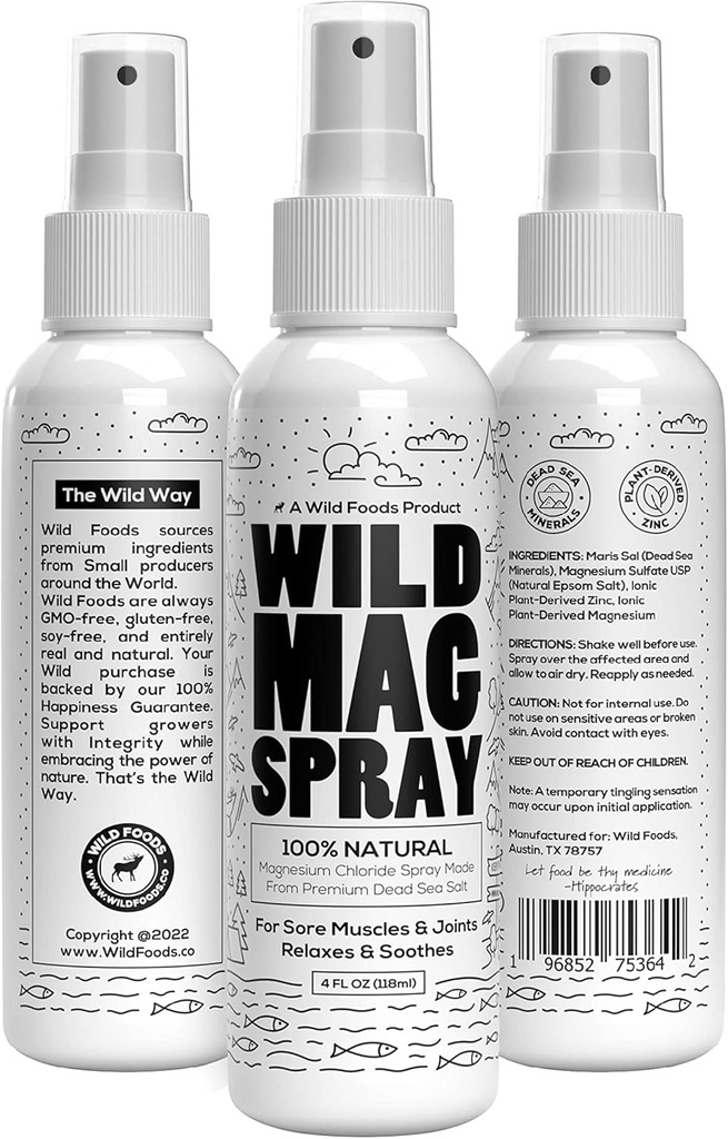 Wild Magnesium Spray from Dead Sea Salt – Natural Ingredients – 100% Pure Magnesium Spray – Safe and Effective – Muscles Cramps, Joint Tension, Stress Management