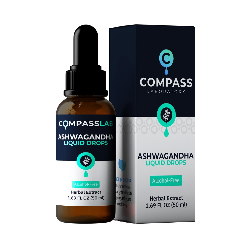 COMPASS LABORATOIRE Ashwagandha Liquid Drops - Supplément de soutien et de bien-être de l'humeur - Natural Cortisol Manager et Immune Booster - 2 fl oz