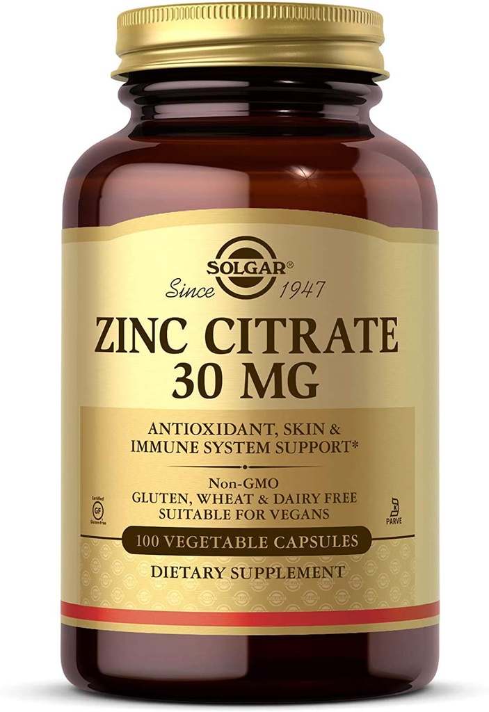 Solgar Zink Citrate Gemüsekapseln, 100 Count, Non-GMO, Glutenfrei und Kosher, unterstützt Immunsystem Gesundheit, Gesunde Haut und Augen, Normaler Geschmack und Vision