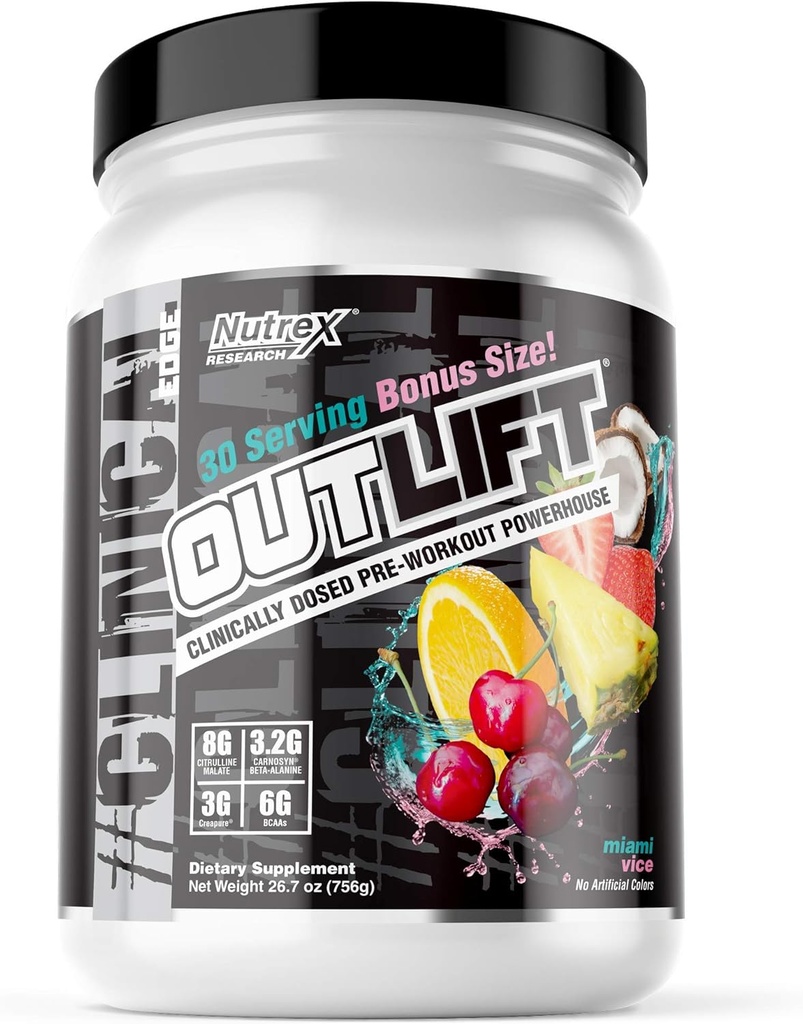 Nutrex Outlift Clinical Dosed Pre Workout Powder mit Kreatin, Citrulline, BCAA, Beta Alanine, Koffein | Energy, Power, Pump Preworkout Supplement | Miami Vice 30 Servieren