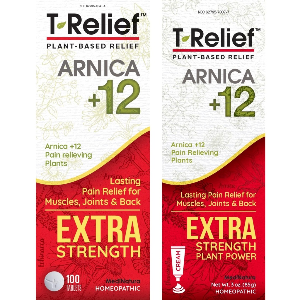 MediNatura T-Relief Extra Kraft Schmerz Relief Arnica +12 Pflanzenbasierte Schmerzrelief 100ct Tabletten T-Relief Extra Kraft Schmerz Relief 3oz Creme Bundle