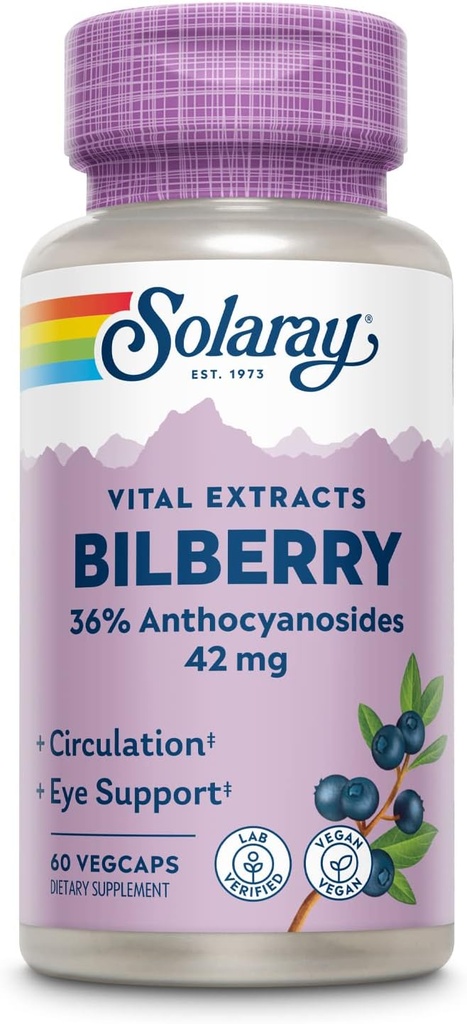 Solaray Extrait de baies de baies de myrtille 42 mg, santé oculaire et support de circulation, avec 36% d'anthocyanosides, végétalien, 60 VegCaps