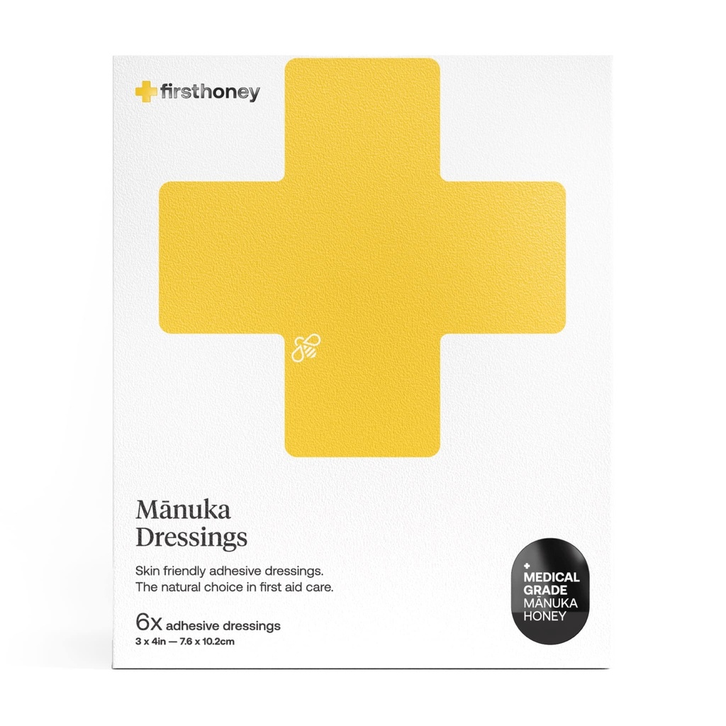 First Honey Manuka Honey Adhesive Bandages 6 Pack | Latexfrei, Antibiotic Free Wound Dressing | Medical Grade Honey Adhesive Pads | First Aid Care Burns, Cuts, Scrapes, Wounds, Lacerationen
