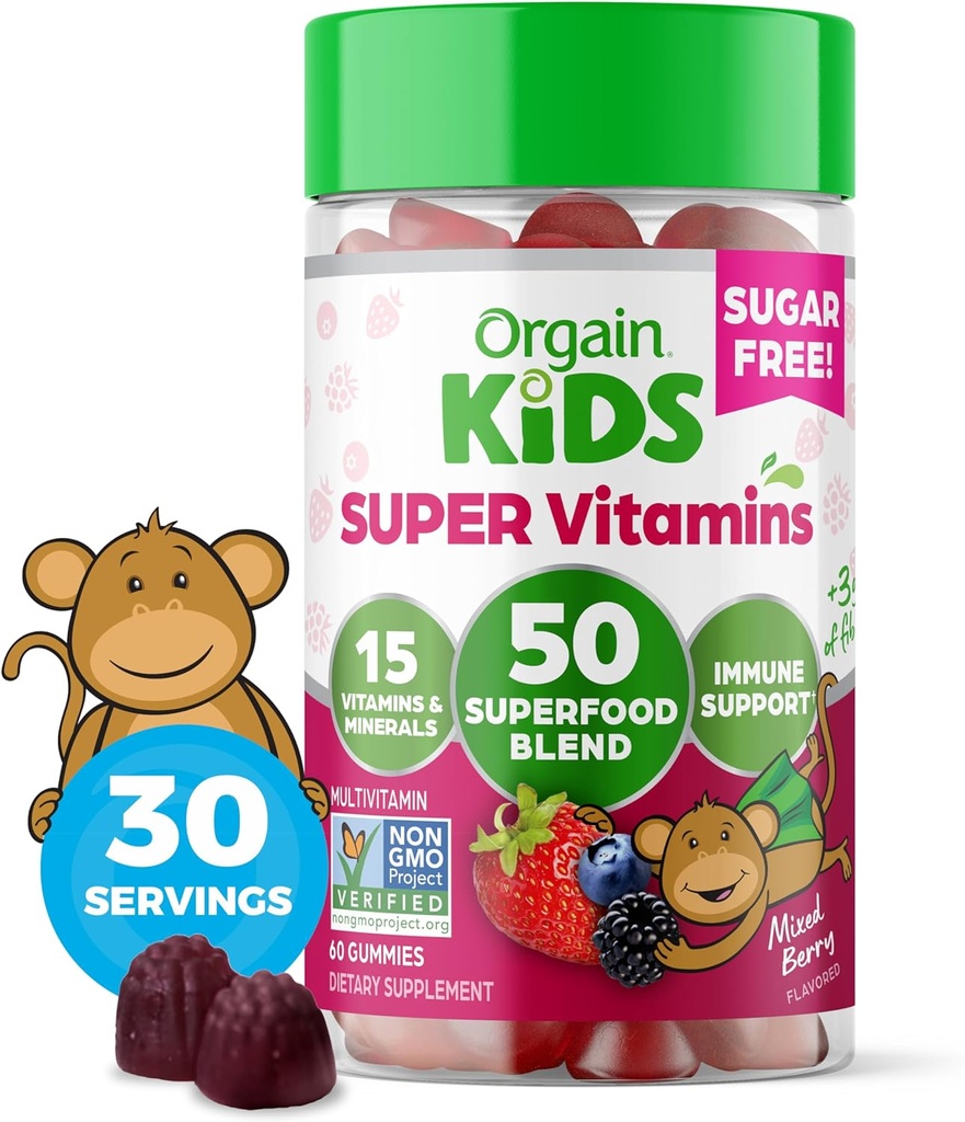 Orgain Kids Sugar Free Multivitamin Gummis, Vegan & Plant Based, 50 Superfoods, 15 Vitamine und Mineralstoffe, Immununterstützung und 3g Faser, Mischbeere, Alter 4+, 1 Monat Versorgung (60 Gummi)