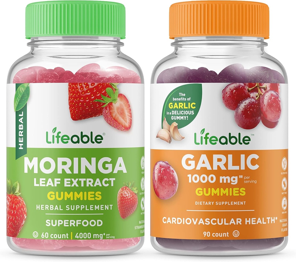 Lebendige Moringa Blatt + Knoblauch 1000mg, Gummie Bundle - Große Verkostung, Vitamin-Ergänzung, Glutenfrei, GMO frei, Kaugummi
